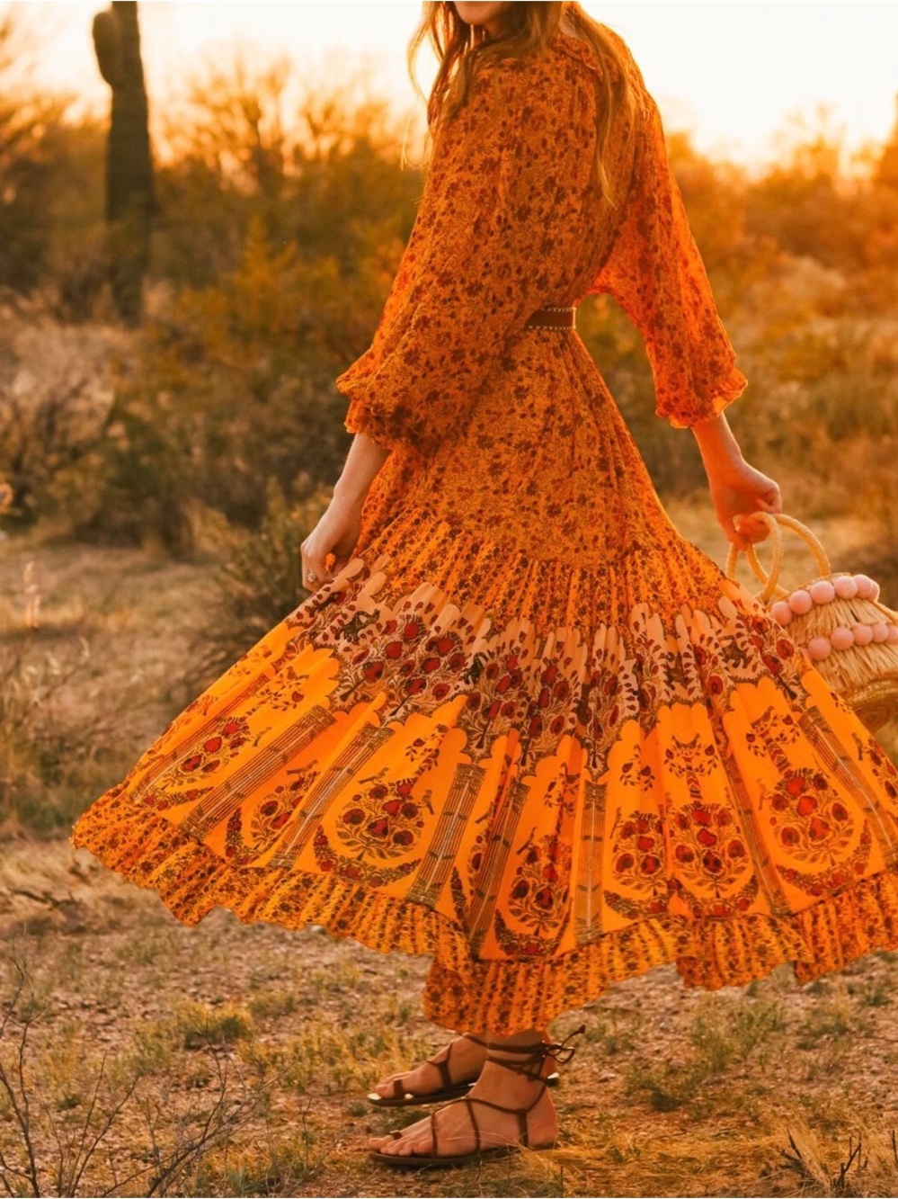 Free People Orange Floral Tiered Maxi Dress Small - Picture 3 of 8